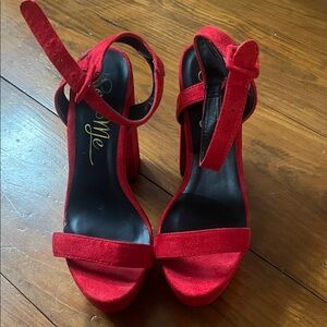 So Me Red Suede Ankle-Strap Block Heels
